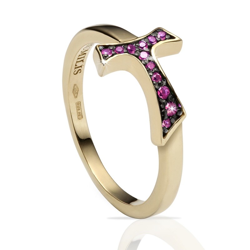 Gold Canticum ring Franciscan Sign Tau cross with stones