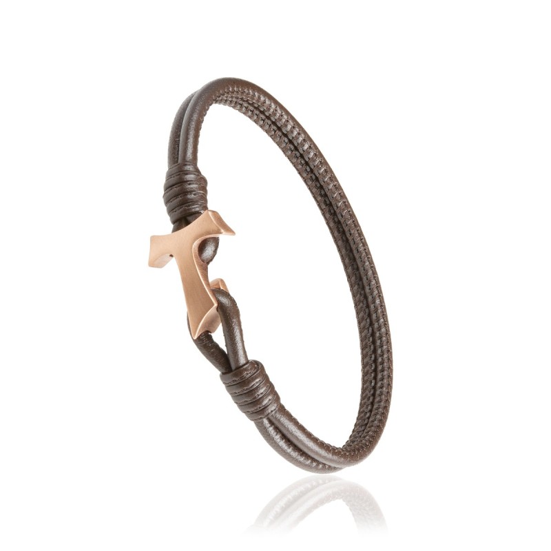 Bracciale Segno Tau francescano in pelle marrone e argento