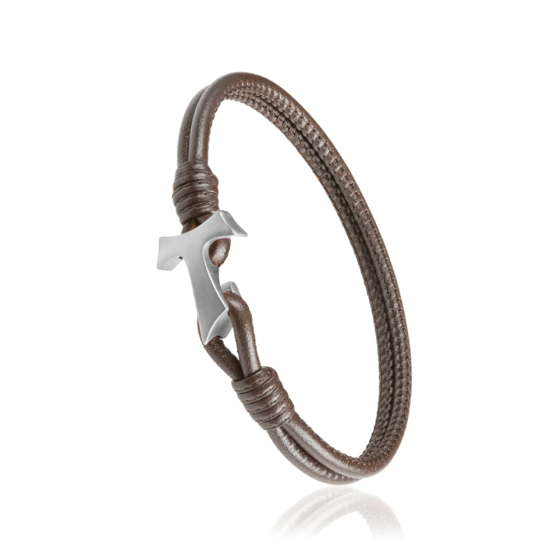 Gold and brown leather Sign Bracelet with Franciscan Tau cross