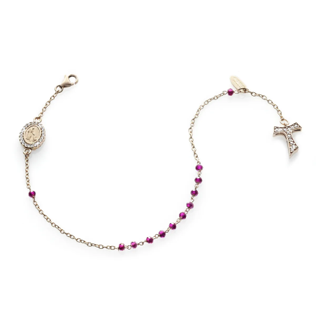 Bracciale Rosario Canticum Tau pendente con San Francesco e Madonna miracolosa in oro con decina di grani in pietre