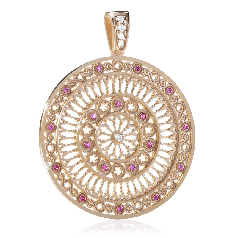 Gold Basilica of St. Francis rosewindow pendant with stones