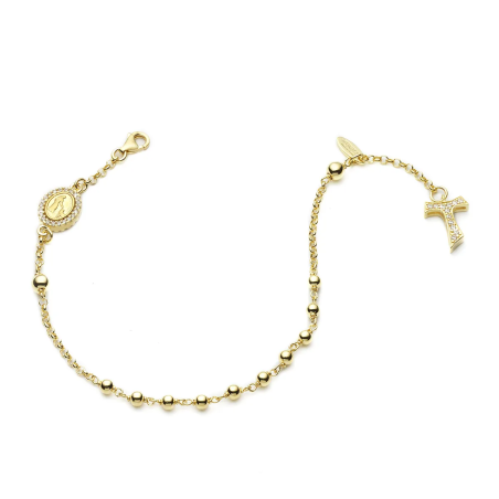 Bracciale Rosario Tau pendente con San Francesco e Madonna miracolosa con decina di grani in argento e zirconi