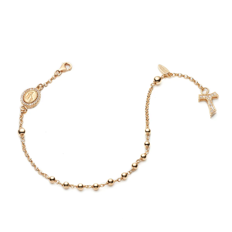 Bracciale Rosario Tau pendente con San Francesco e Madonna miracolosa con decina di grani in argento e zirconi