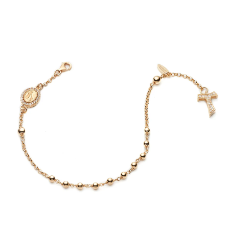 Bracciale Rosario Tau pendente con San Francesco e Madonna miracolosa con decina di grani in argento e zirconi