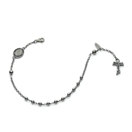 Bracciale Rosario Tau pendente con San Francesco e Madonna miracolosa con decina di grani in argento e zirconi