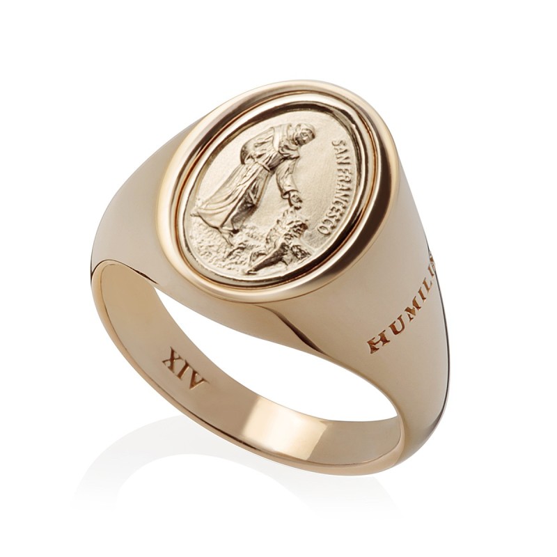 Sterling silver chevalier ring St. Francis and the wolf
