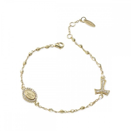 Bracciale Rosario Tau con San Francesco e Madonna miracolosa con decina di grani in oro e zirconi