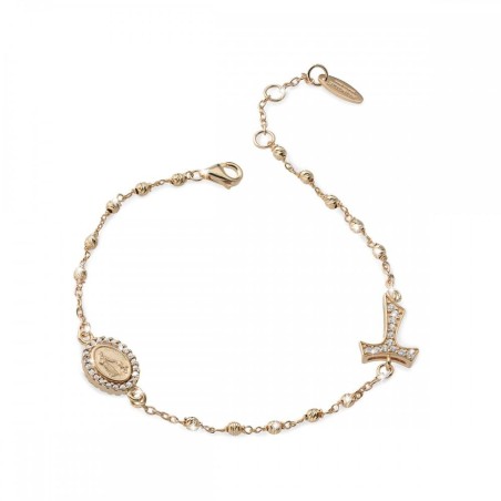 Bracciale Rosario Tau con San Francesco e Madonna miracolosa con decina di grani in oro e zirconi