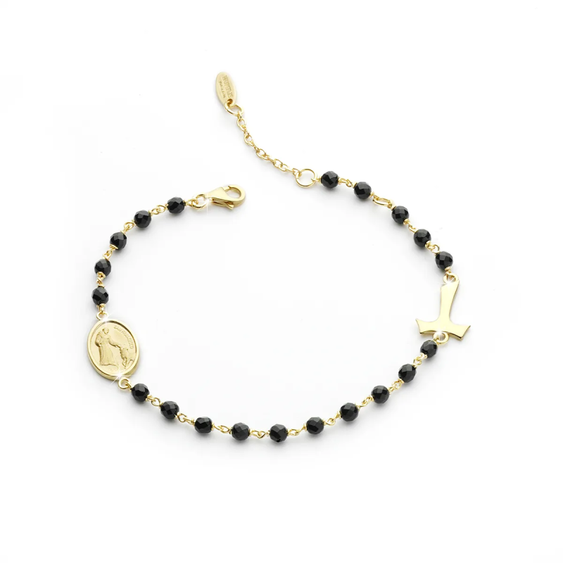 Bracciale Rosario Tau con San Francesco e Madonna miracolosa in argento con decina di grani in pietre