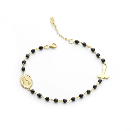 Bracciale Rosario Tau con San Francesco e Madonna miracolosa in argento con decina di grani in pietre