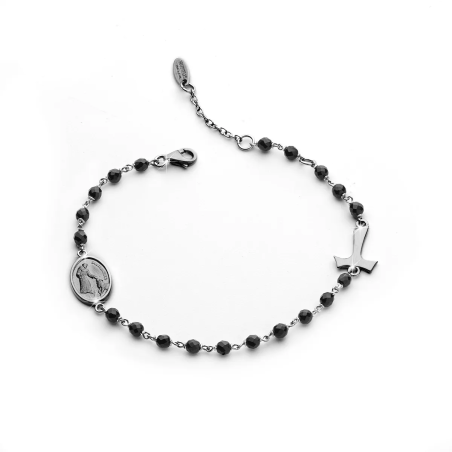 Sterling silver Rosary bracelet with onyx decade Tau cross St. Francis and miracolous Virgin medal