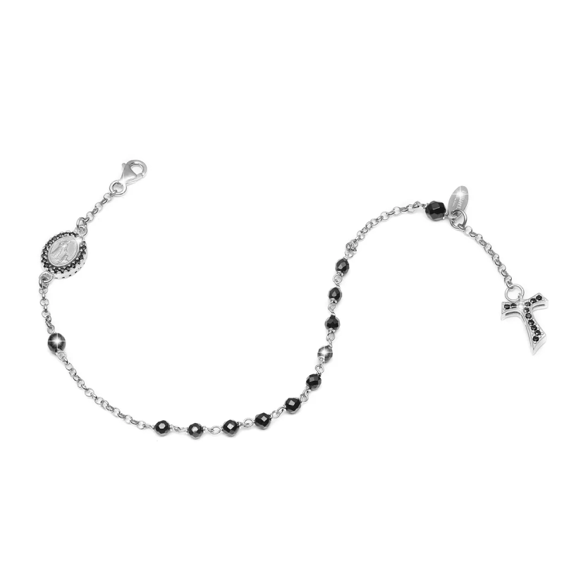 Bracciale Rosario Tau pendente con San Francesco e Madonna miracolosa con decina di grani in onice