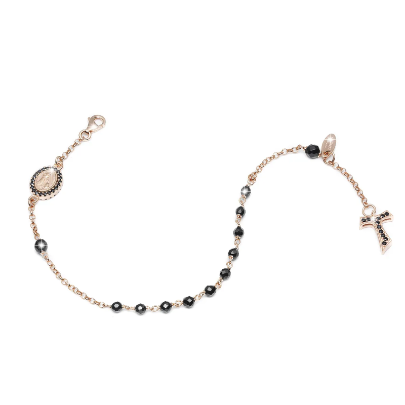 Bracciale Rosario Tau pendente con San Francesco e Madonna miracolosa con decina di grani in onice