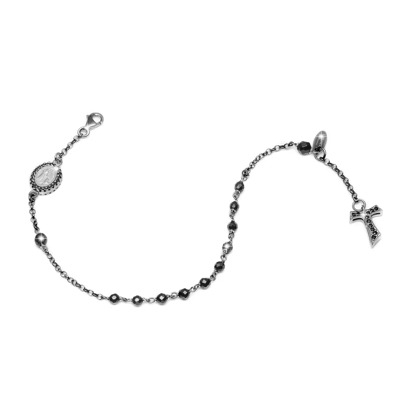 Bracciale Rosario Tau pendente con San Francesco e Madonna miracolosa con decina di grani in onice