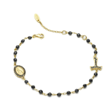Sterling silver Rosary bracelet with onyx decade Tau cross St. Francis and miracolous Virgin medal