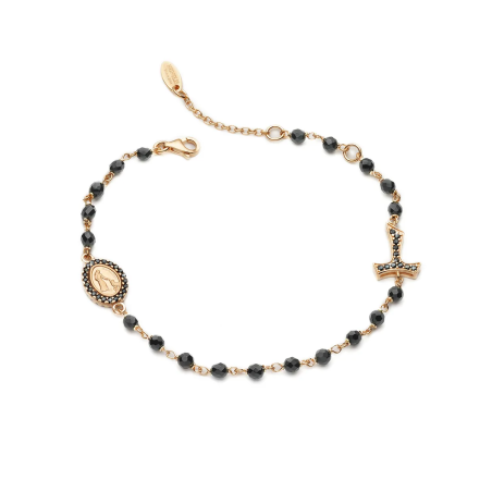 Sterling silver Rosary bracelet with onyx decade Tau cross St. Francis and miracolous Virgin medal