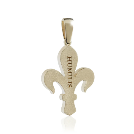 Gold florentine lily pendant with high and low relief and diamonds