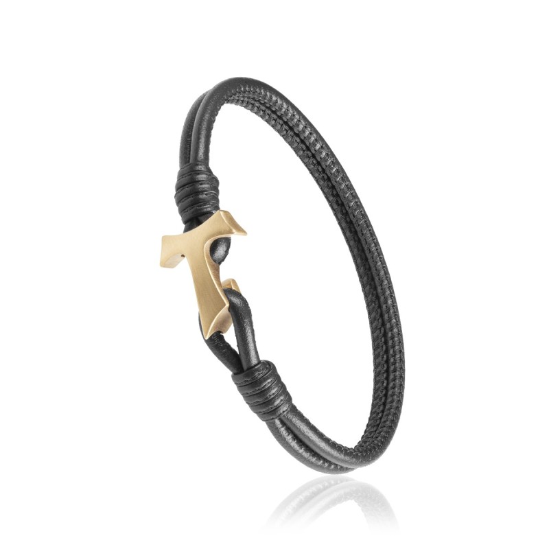 Sterling silver and black leather Sign Bracelet with Franciscan Tau cross