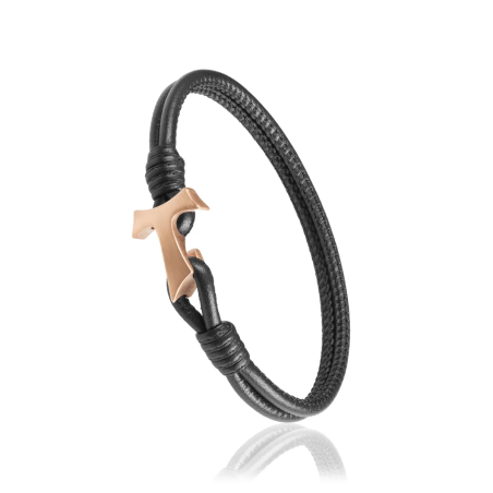 Gold and black leather Sign Bracelet with Franciscan Tau cross