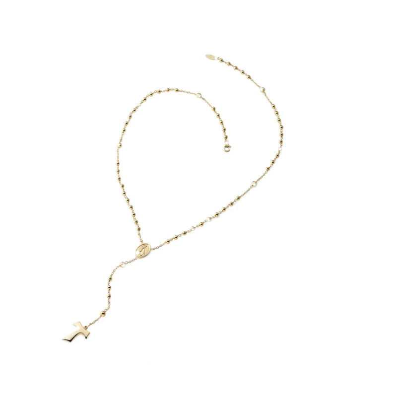 Gold rosary necklace with hanging Tau cross, beads and miracolous medal