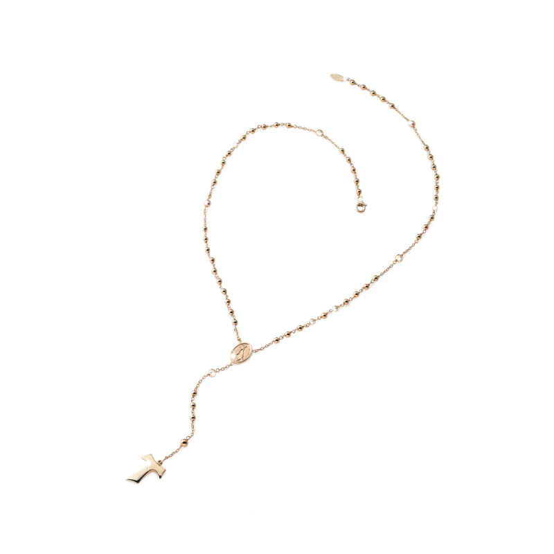 Collana Rosario Tau pendente con San Francesco e Madonna miracolosa con decina di grani in oro