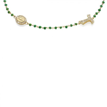 Collana Rosario Canticum Tau girocollo con San Francesco e Madonna miracolosa in oro con decina di grani in pietre