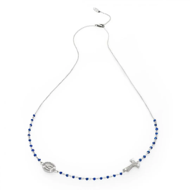 Collana Rosario Canticum Tau girocollo con San Francesco e Madonna miracolosa in oro con decina di grani in pietre