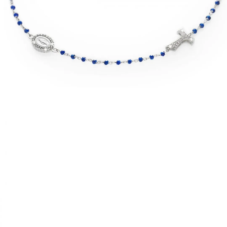 Gold round rosary necklace with Franciscan Tau cross, St. Francis and Miracolous Mary with stones and beads