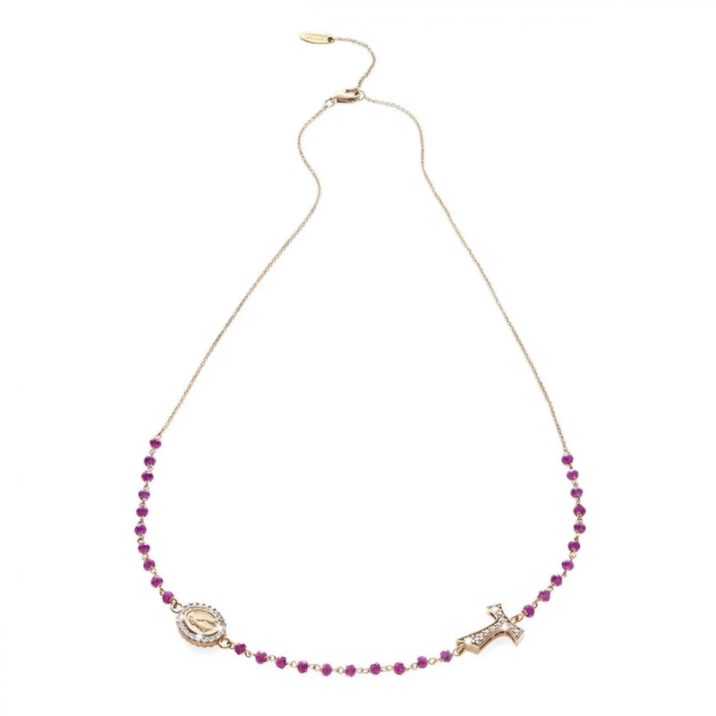 Collana Rosario Canticum Tau girocollo con San Francesco e Madonna miracolosa in oro con decina di grani in pietre