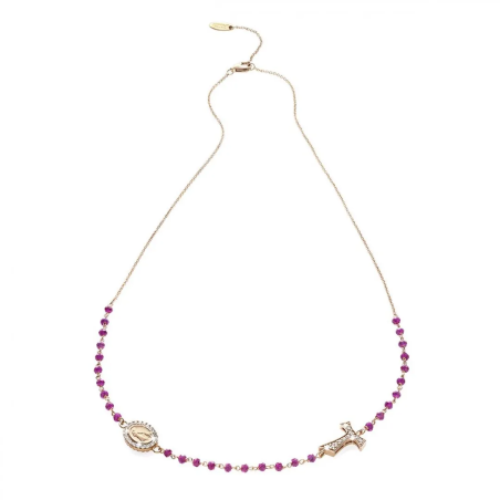 Gold round rosary necklace with Franciscan Tau cross, St. Francis and Miracolous Mary with stones and beads