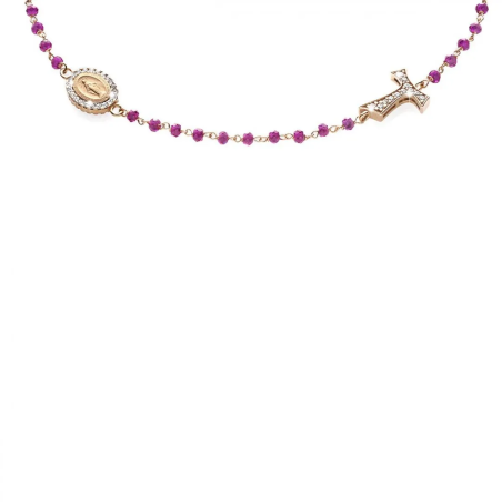 Gold round rosary necklace with Franciscan Tau cross, St. Francis and Miracolous Mary with stones and beads