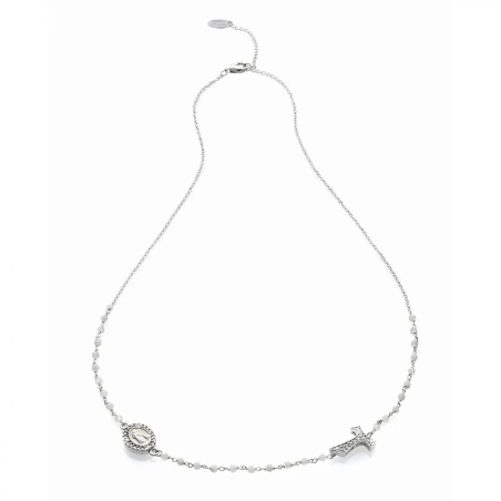 Gold round rosary necklace with Franciscan Tau cross, St. Francis and Miracolous Mary with stones and beads