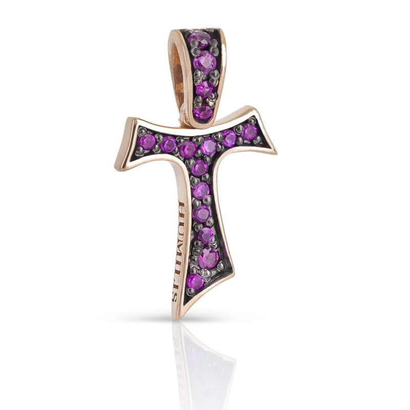 Croce Segno Canticum Tau francescano in oro con pietre