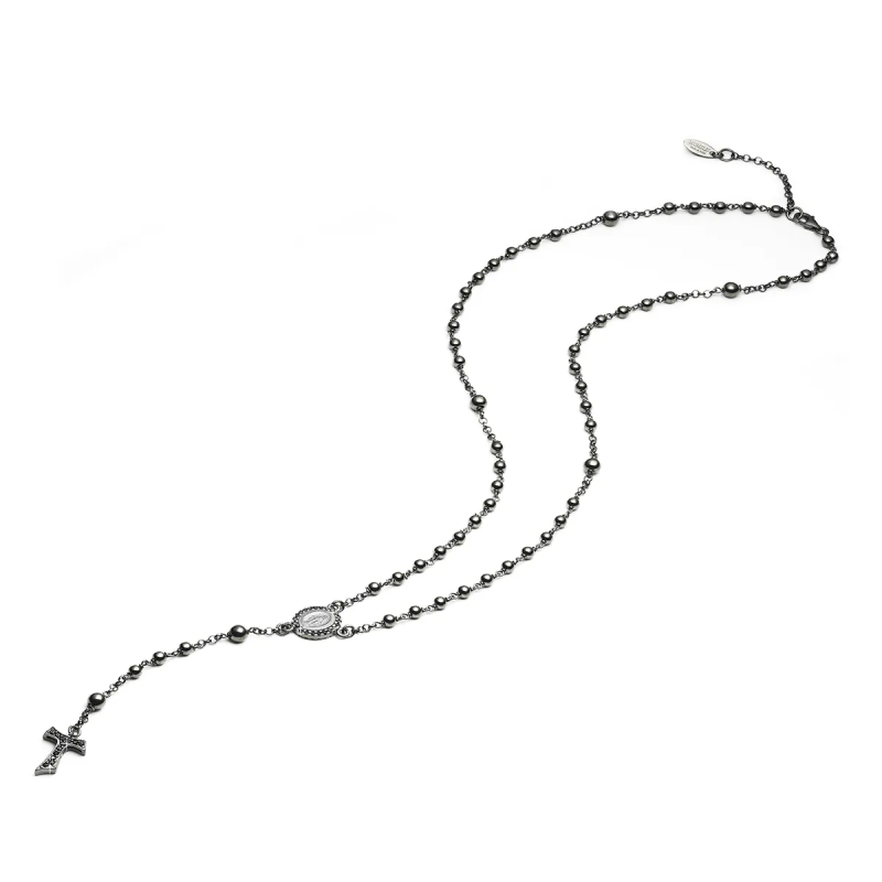 Sterling silver Rosary necklace with beads, tau cross and miracolous Mary medal