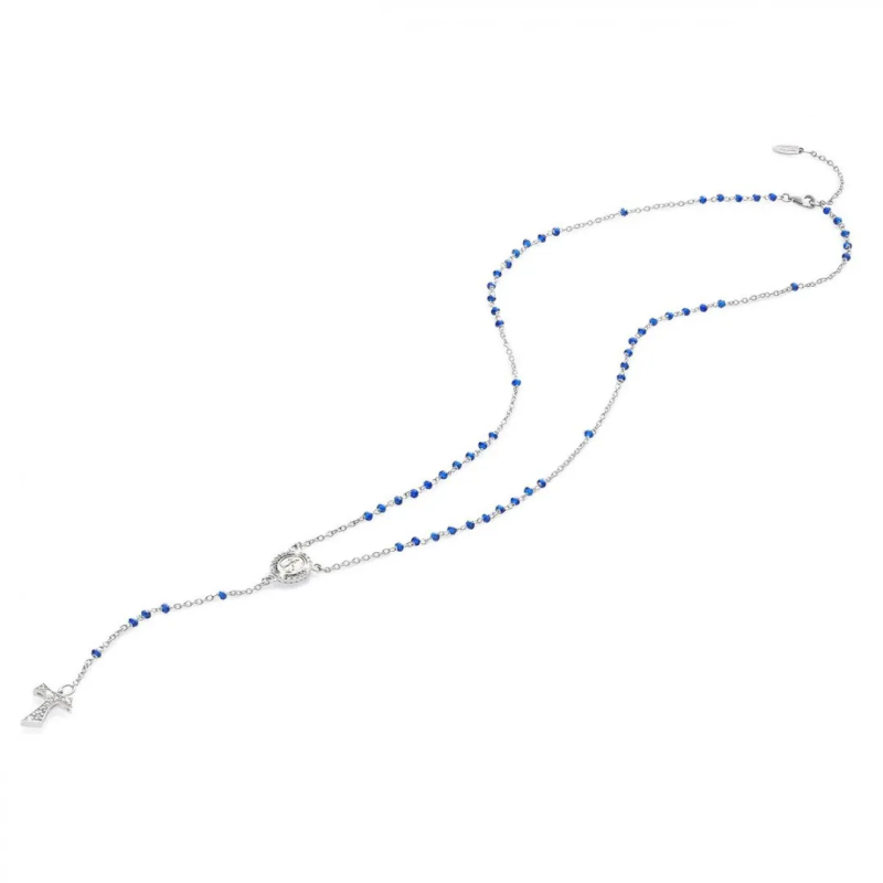 Collana Rosario Canticum Tau pendente con San Francesco e Madonna miracolosa in oro con decina di grani in pietre