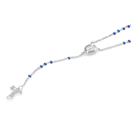 Collana Rosario Canticum Tau pendente con San Francesco e Madonna miracolosa in oro con decina di grani in pietre