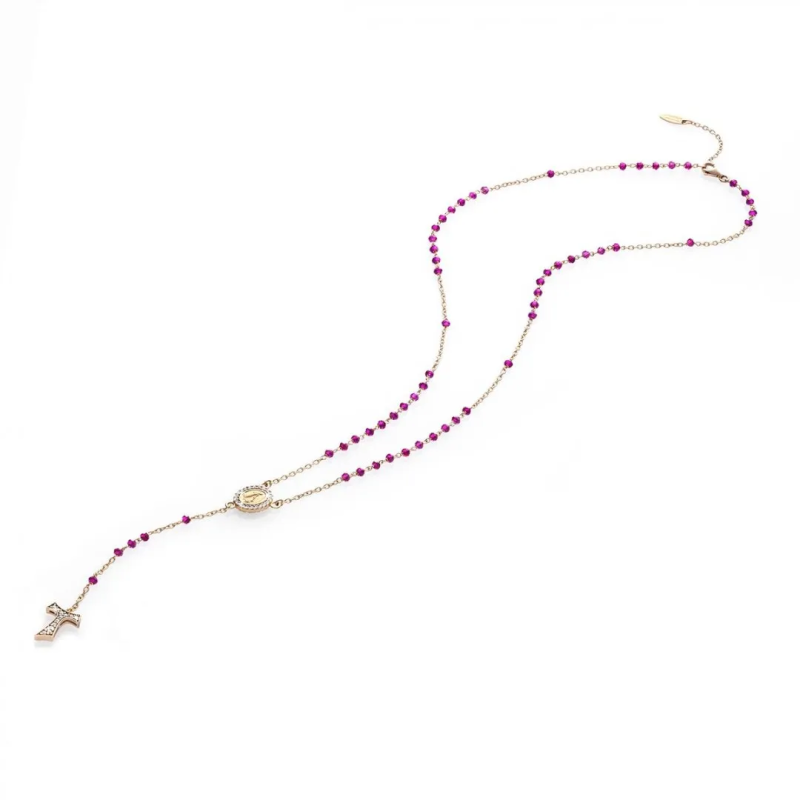 Gold rosary necklace with hanging Franciscan Tau cross, St. Francis and Miracolous Mary with stones and beads