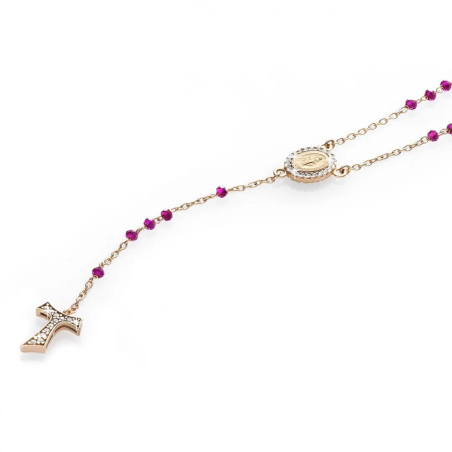 Gold rosary necklace with hanging Franciscan Tau cross, St. Francis and Miracolous Mary with stones and beads