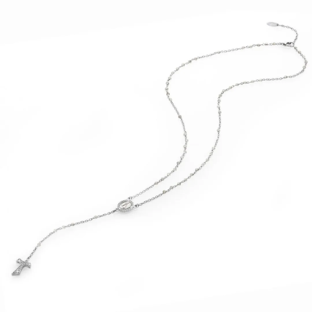 Gold rosary necklace with hanging Franciscan Tau cross, St. Francis and Miracolous Mary with stones and beads