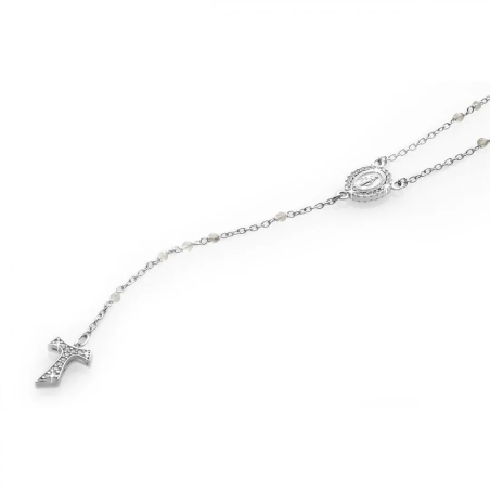 Gold rosary necklace with hanging Franciscan Tau cross, St. Francis and Miracolous Mary with stones and beads