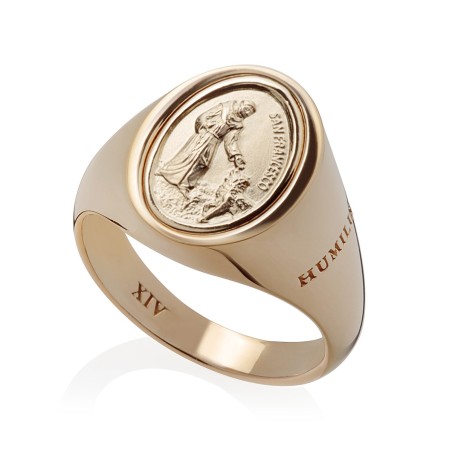 Gold chevalier ring St. Francis and the wolf
