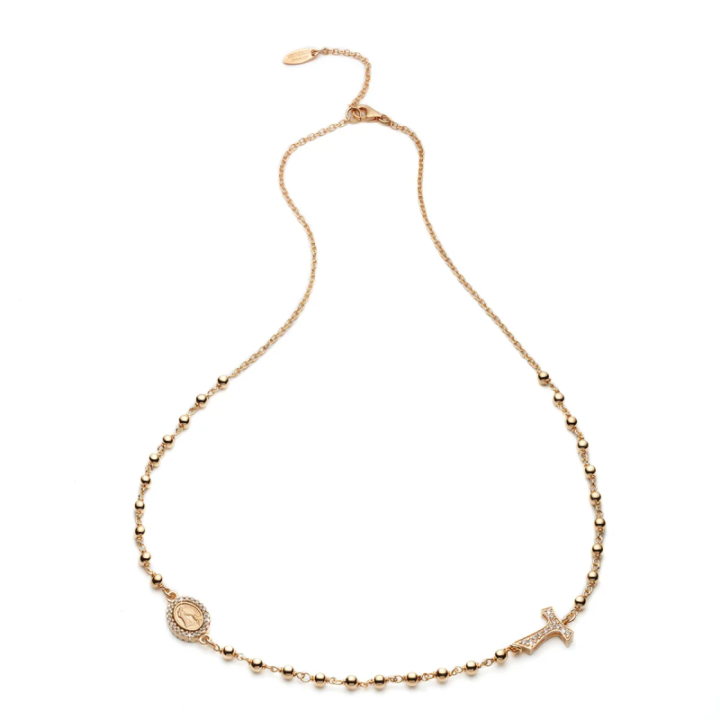 Collana Rosario Tau girocollo con San Francesco e Madonna con decina di grani in argento