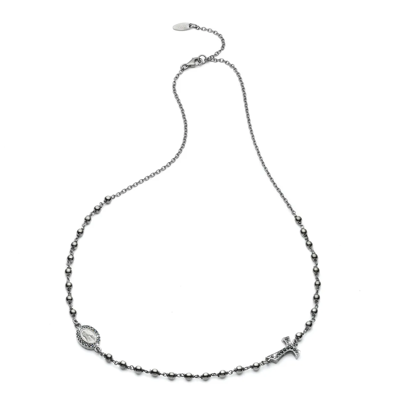 Sterling silver round rosary necklace with Franciscan Tau cross and Virgin