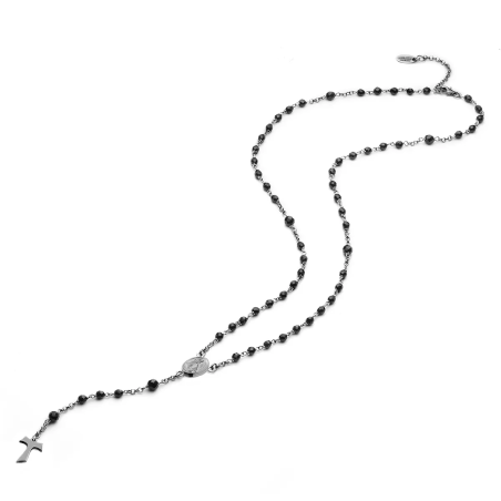 Sterling silver rosary necklace with hanging Tau cross and St. Francis medal with onyx