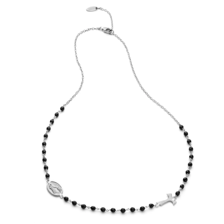 Sterling silver round rosary necklace with Franciscan Tau cross and Virgin with onyx grain