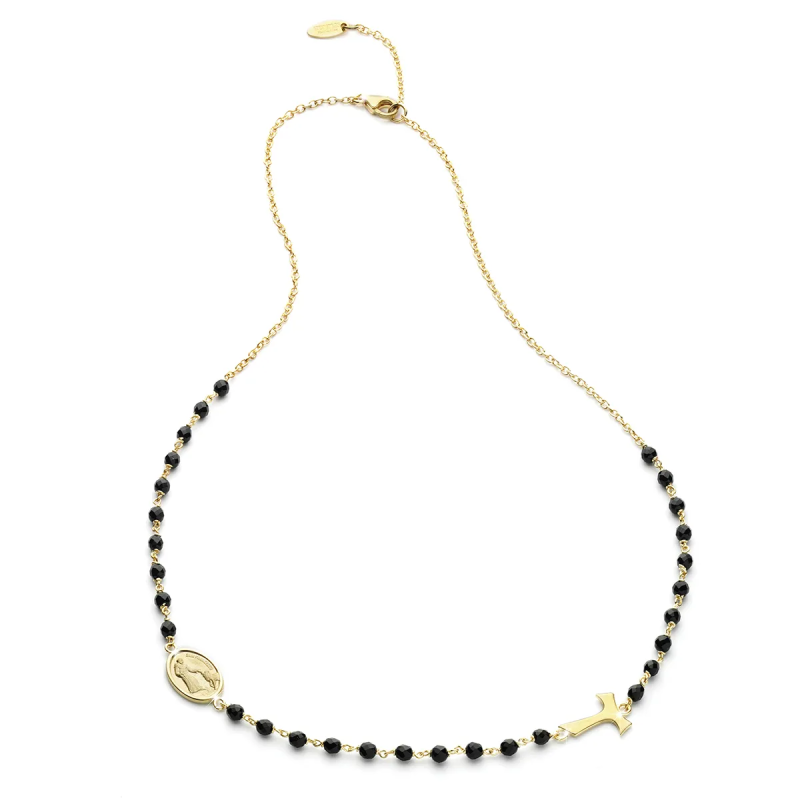 Sterling silver round rosary necklace with Franciscan Tau cross and Virgin with onyx grain