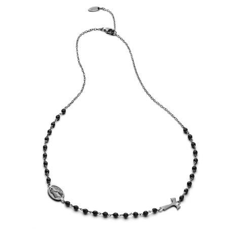 Sterling silver round rosary necklace with Franciscan Tau cross and Virgin with onyx grain