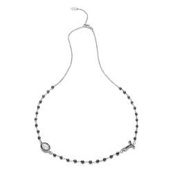 Sterling silver round rosary necklace with Franciscan Tau cross and Virgin with zirconia and onyx grain