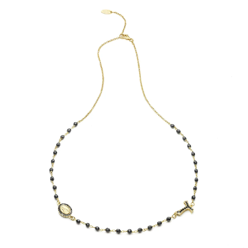 Sterling silver round rosary necklace with Franciscan Tau cross and Virgin with zirconia and onyx grain