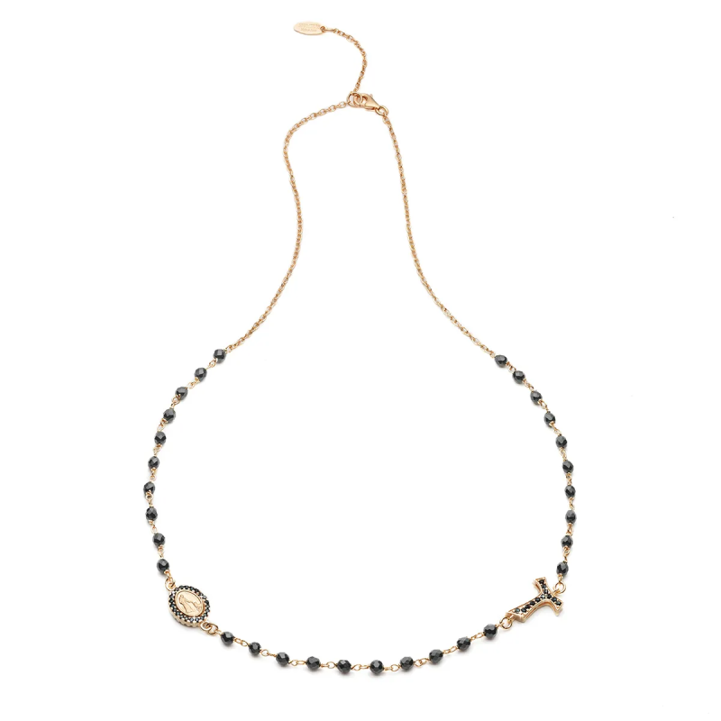 Collana Rosario Tau girocollo con San Francesco e Madonna con zirconi e decina di grani in onice